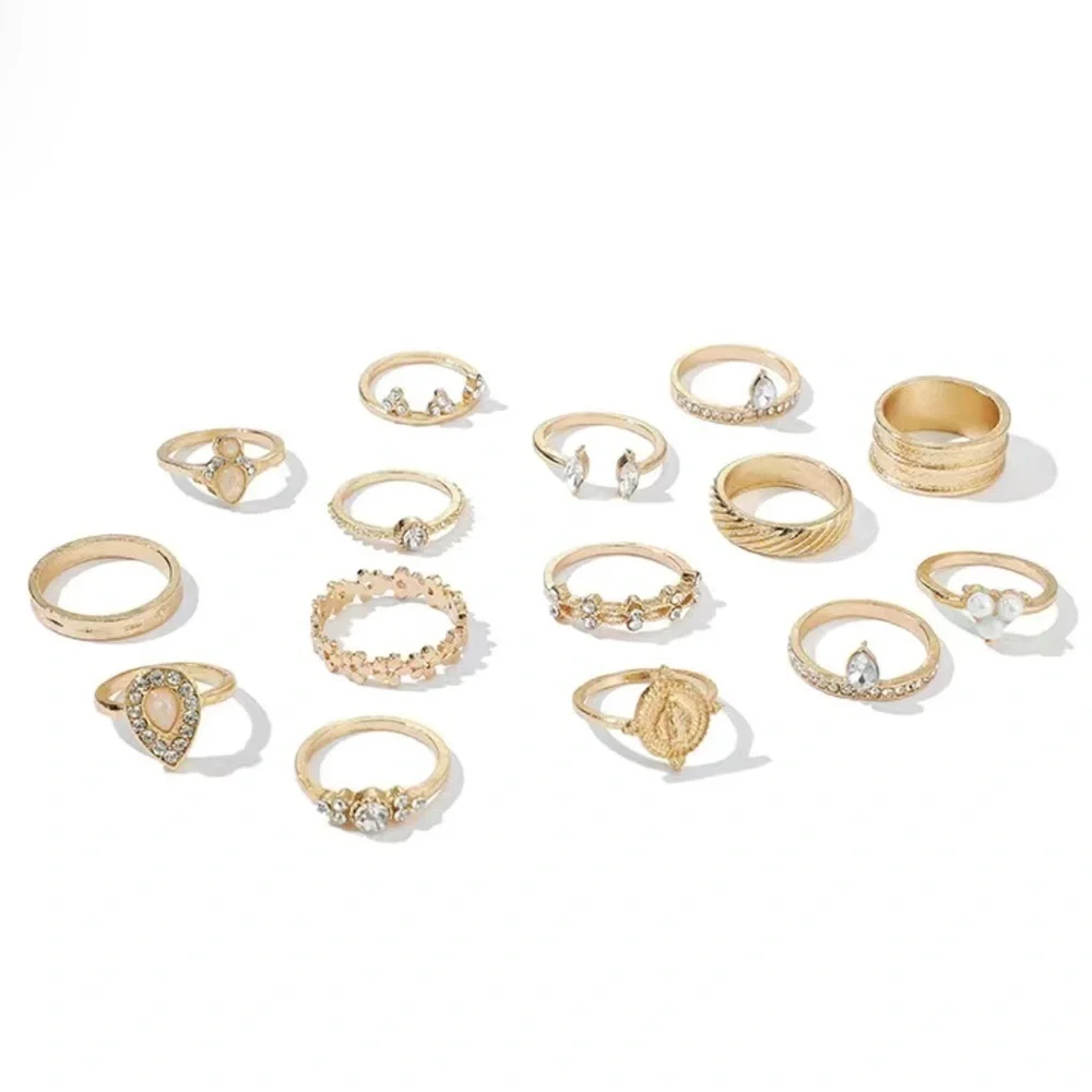 Boho Gemstone Water Drop Shape Flower Ring Set 15pc